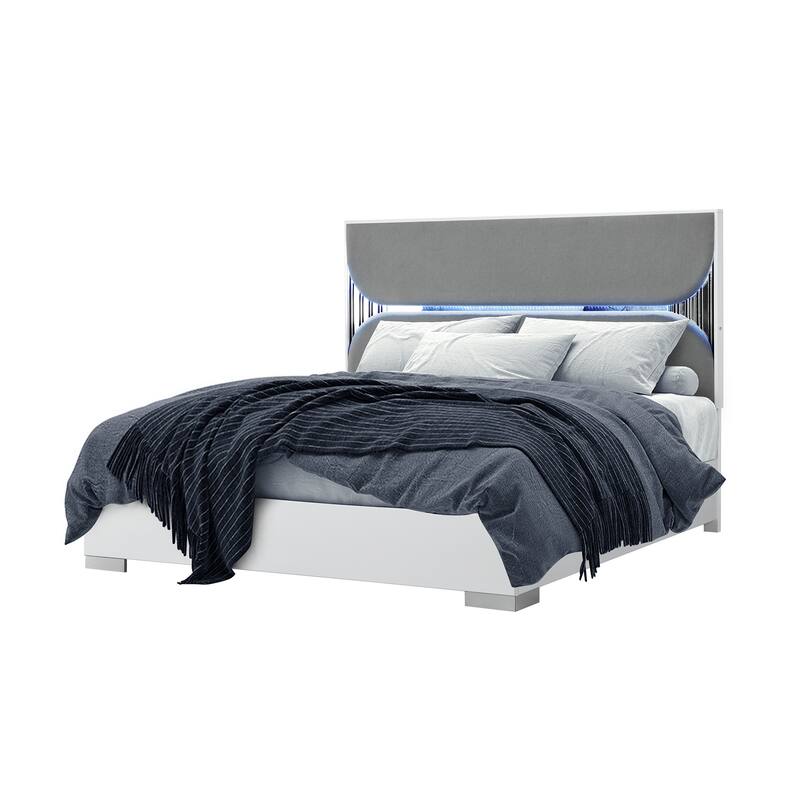 HomeRoots White and Gray Wood And Upholstery Lighted King Bed Frame
