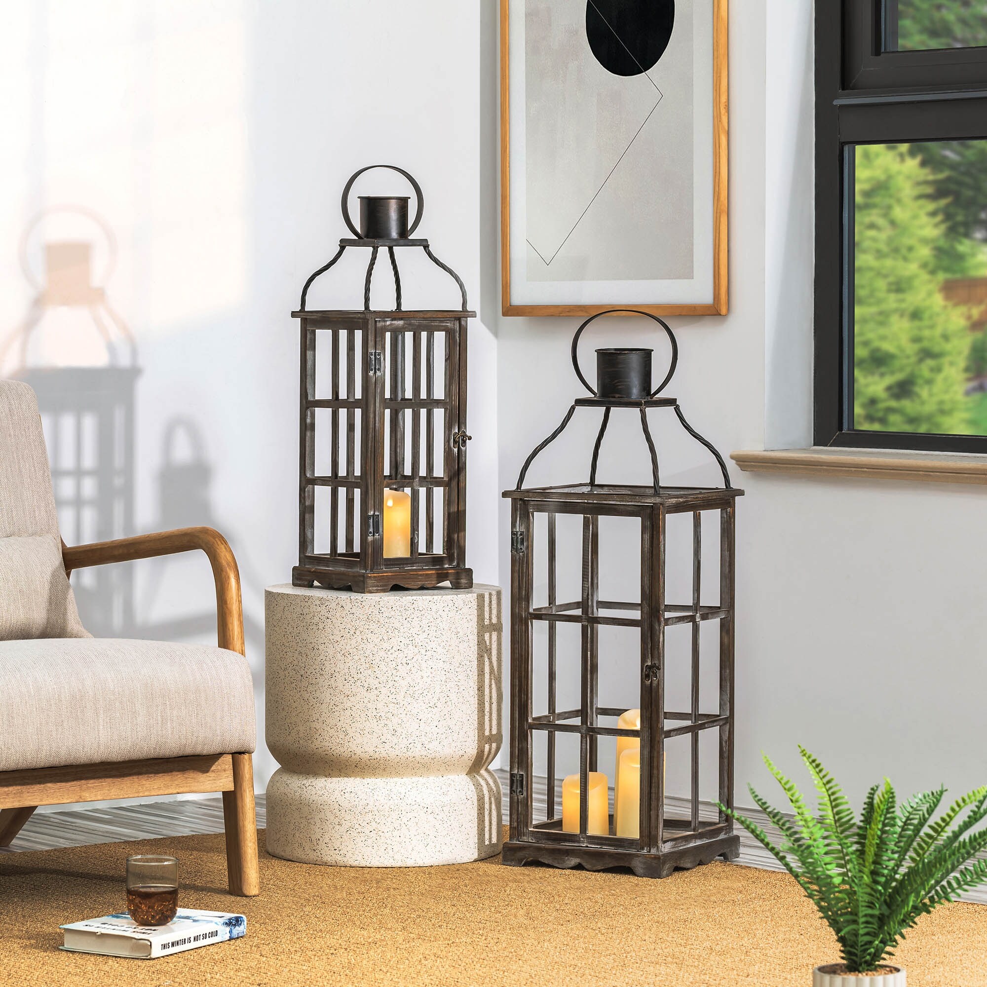 Glitzhome Oversized Farmhouse Wooden Metal Cage Candle Holders