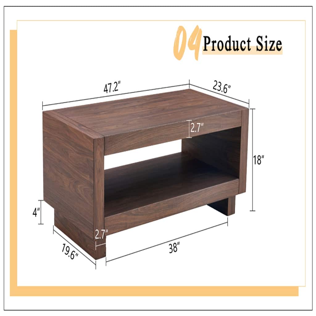 A modern minimalist MDF walnut-colored rectangular coffee table
