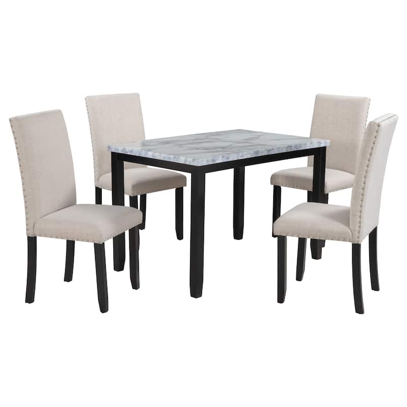 Faux Marble 5-Piece Dining Set with 4 Cushion Chairs