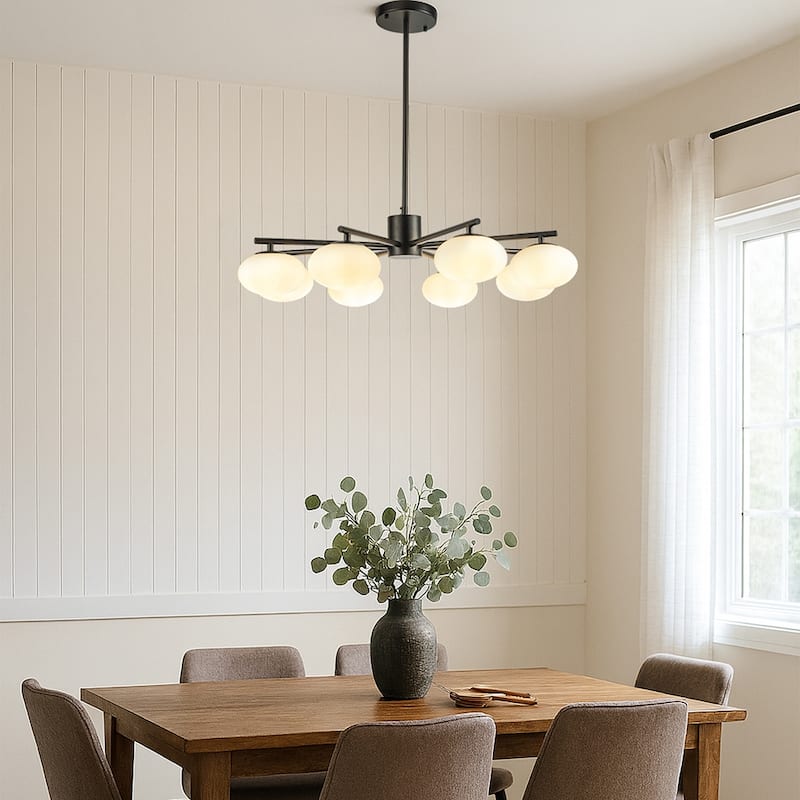 8-Light 32'' Mid Century Modern Opal Glass Chandelier Classic Globe Pendant Light For Dining Room Living Room - W32''