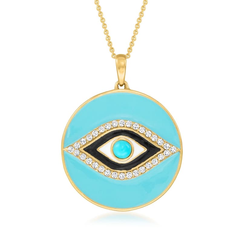 18K Yellow Gold Over Sterling Silver, Sleeping Beauty Turquoise and White Zircon "Evil Eye" Pendant