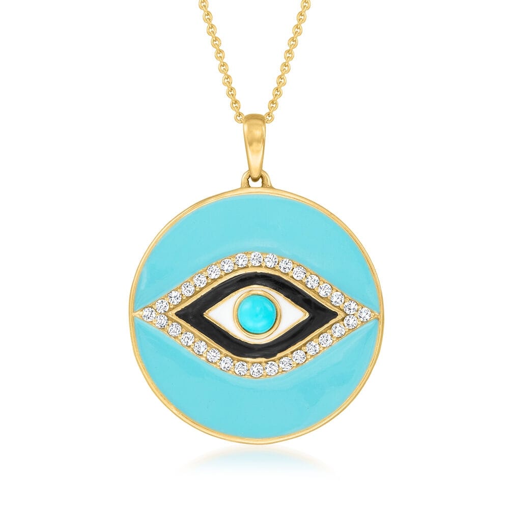 18K Yellow Gold Over Sterling Silver, Sleeping Beauty Turquoise and White Zircon "Evil Eye" Pendant