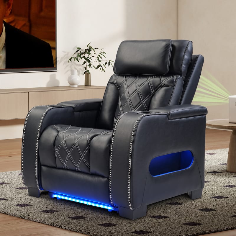 Power Recliner Chair with Adjustable Headrest, Breathable PU Leather Home Theater Seating with Ambient Lighting,Cup Holders
