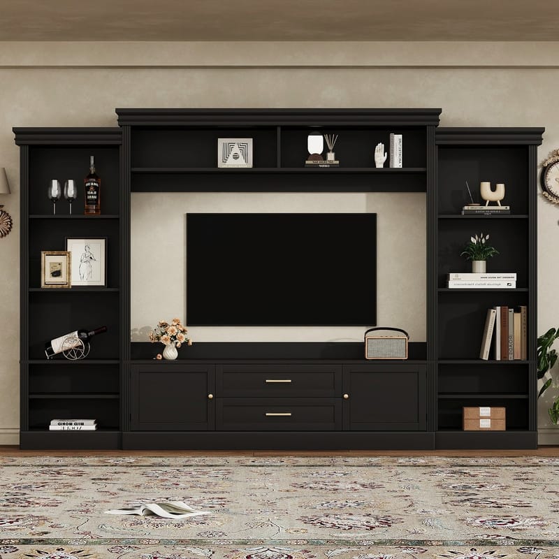Wall Unit TV Stand with Bridge for TVs Up to 70",Farmhouse Entertainment Center with Bookshelves,Drawers for Living Room