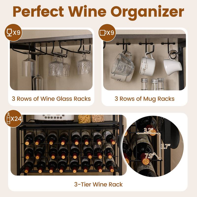 Gymax 3-Tier Wine Rack Coffee Bar Station w/Power Outlets Hooks Glass