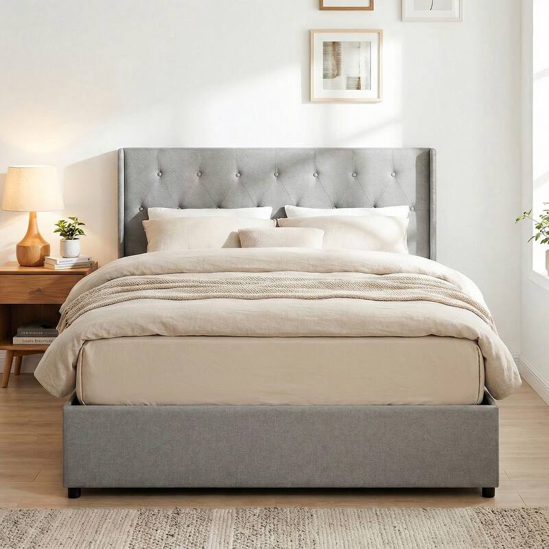 Gymax Queen Size Lift-up Storage Bed w/Tufted Wingback Headboard