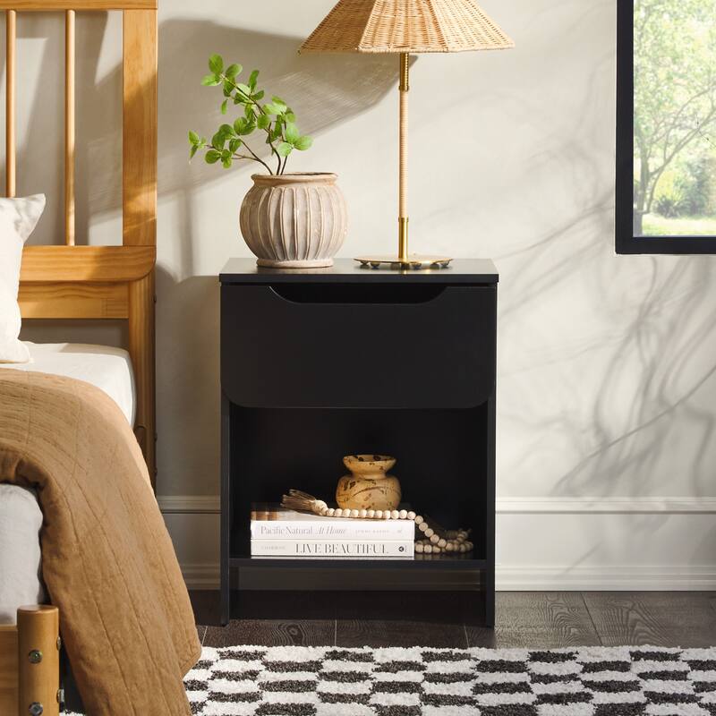 Modern Minimalist Black Nightstand with Single Drawer and Open Cubby