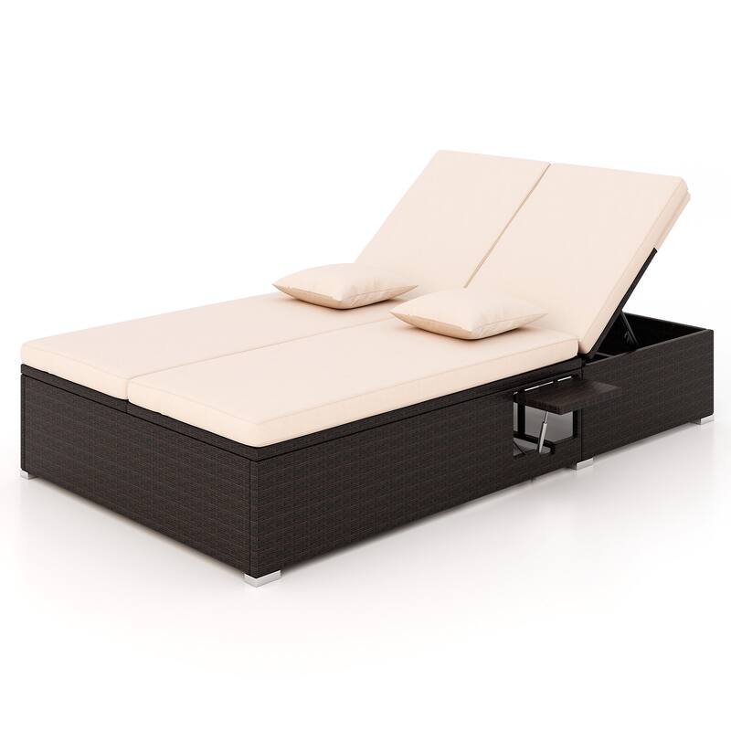 Comfortable Double Chaise Lounge with Cushions and Folding Side Tables Perfect Outdoor Relaxation - 76” L x 43” W x 13”-38” H