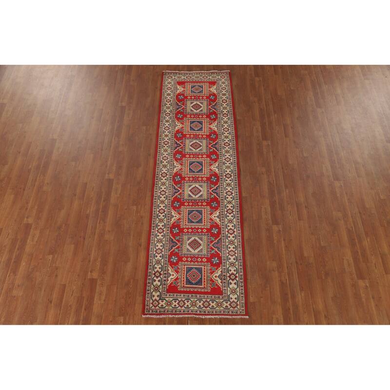 Geometric Kazak Runner Rug Hand-Knotted Red Wool Carpet - 2'9" x 9'4"