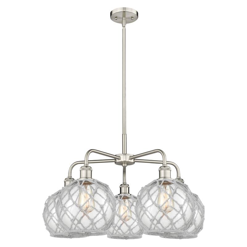 Innovations Lighting Endless Possibilities Ballston - Farmhouse Rope - 5 Light 27" Stem Hung Chandelier - Clear Glass with White Rope/Satin Nickel