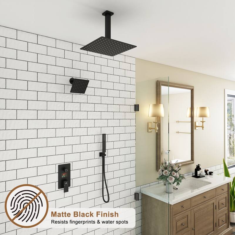 CASAINC Dual Heads 12 Inch Ceiling Mounted Square Shower Head Shower System with Handheld Shower Digital Display Shower