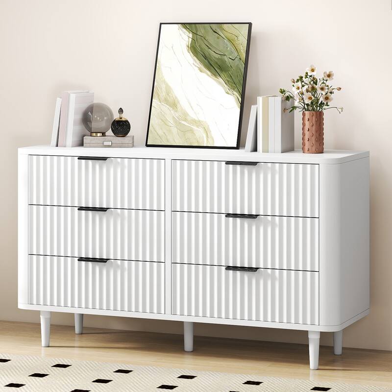 6 Drawer Wood Dresser with Wave Fluted Panel Storage Organizer for Bedroom - White