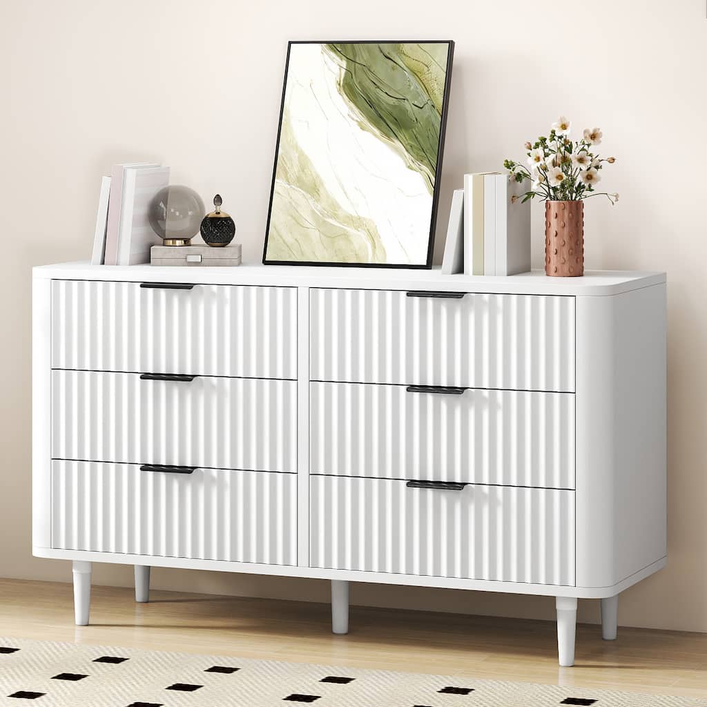 6 Drawer Wood Dresser with Wave Fluted Panel Storage Organizer for Bedroom