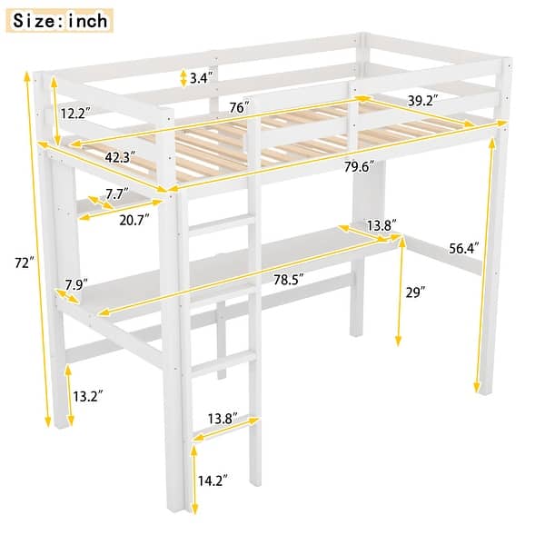 dimension image slide 0 of 2, Sturdy Twin Size Loft Bed with Desk, Shelves, and Ladder for Kids
