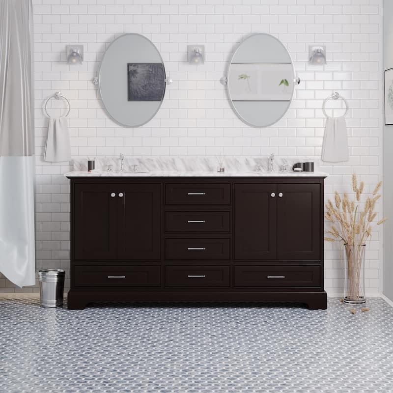 KitchenBathCollection Harper 72" Double Bathroom Vanity with Carrara Marble Top - Chocolate