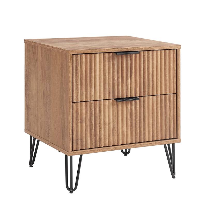Fluted Nightstand with 2 Drawers Metal Legs Tool Free Assembly