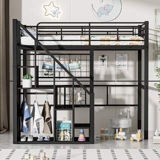 Twin Size Metal Loft Bed with Storage Staircase and Small Wardrobe