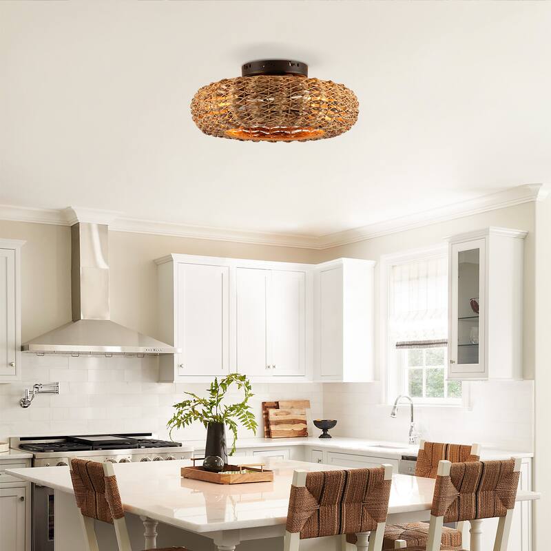 20 inch Flush Mount Ceiling Fan Light with Remote Caged Farmhouse Fandelier Black Wood Low Profile