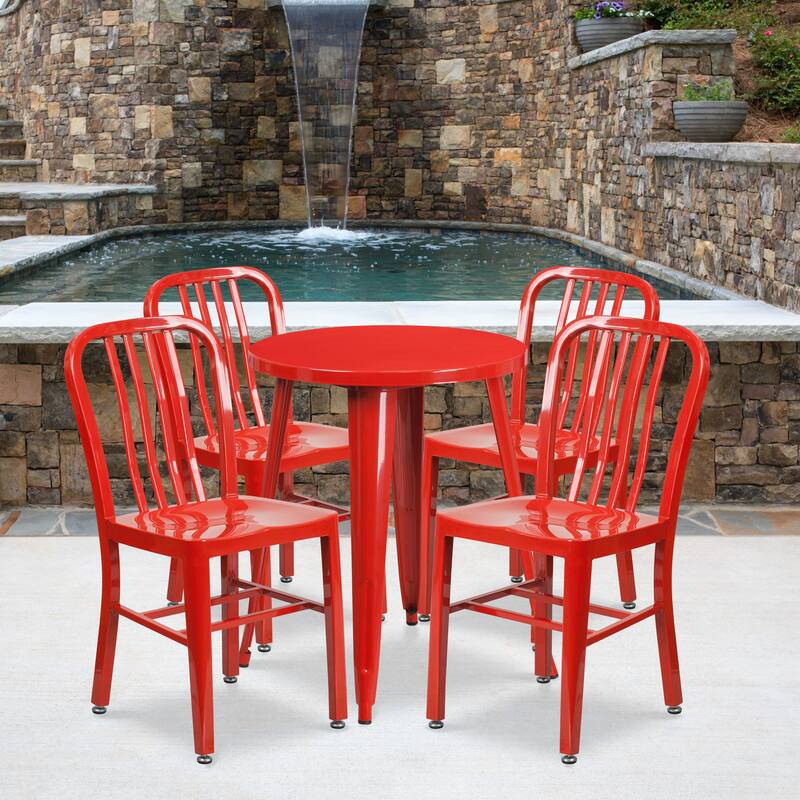 24'' Round Metal Indoor-Outdoor Table Set with 4 Vertical Slat Back Chairs