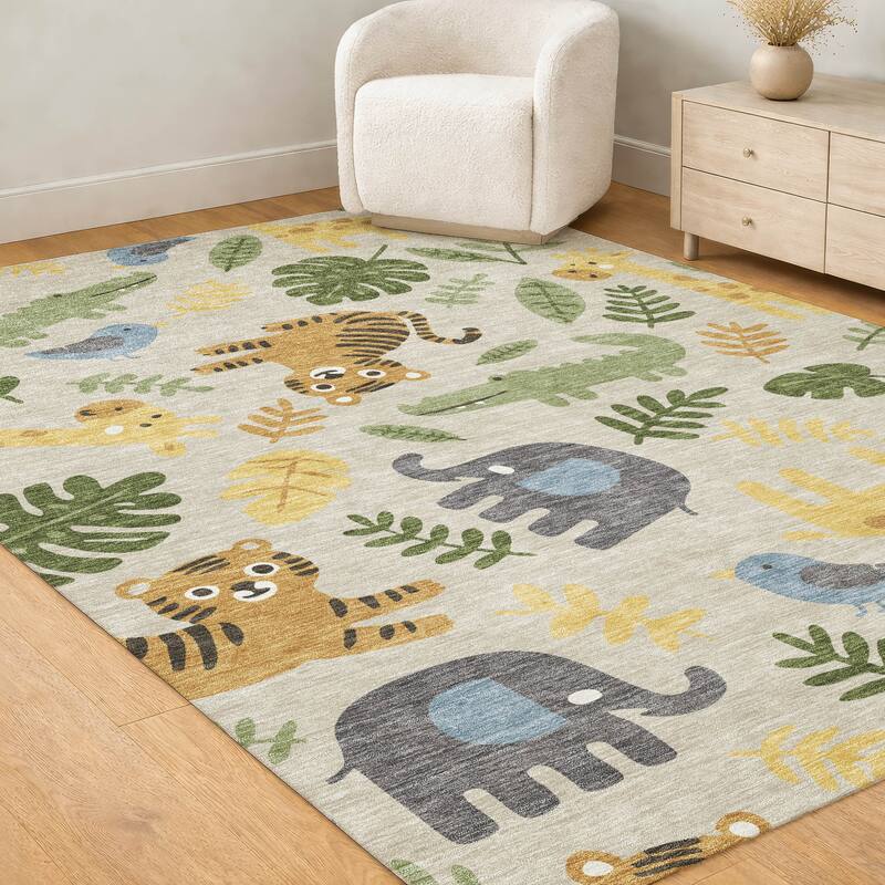 Machine Washable Indoor/ Outdoor Whimsy Safari Animals Chantille Rug