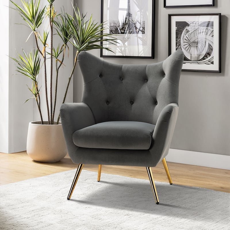 Eusebio Tufted Velvet Accent Chair with Wingback, Arms, and Metal Gold Legs for Living Room or Bedroom by HULALA HOME