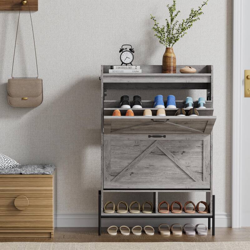 Shoe Cabinet with 2 Flip-Up Drawers, Hidden Shoe Storage Cabinet with Open Storage for Entryway, Hallway, Bedroom