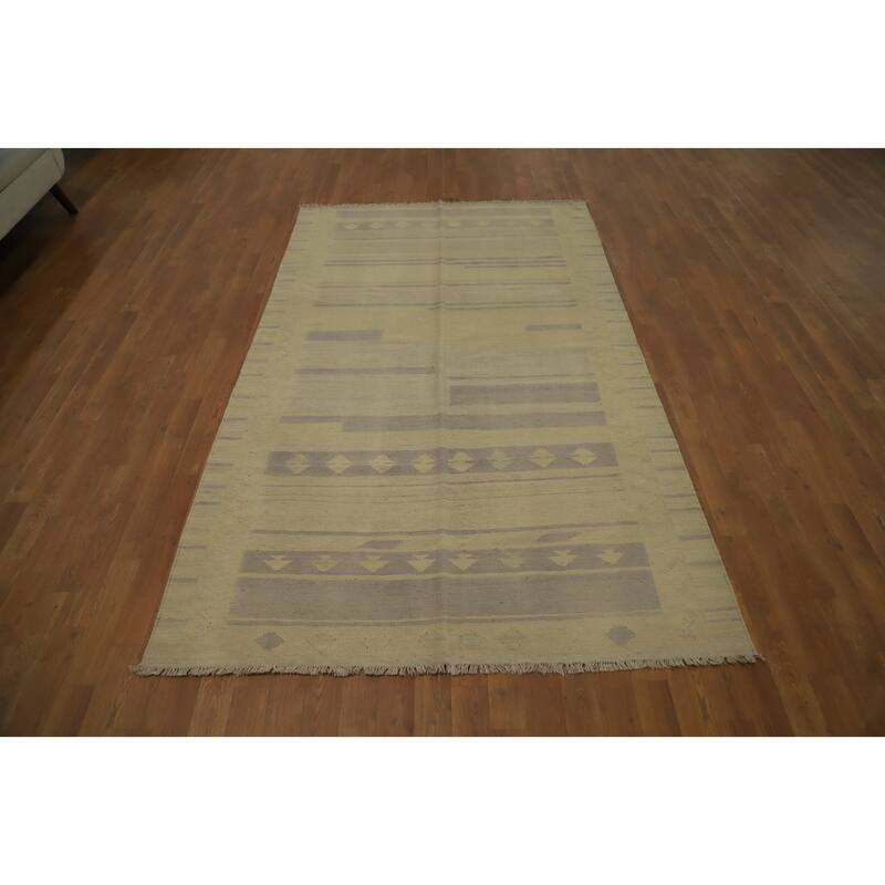 Hand Woven Oriental 100% Wool Carpet Southwestern Tribal Beige & Ivories Kilim Area Rug - 7' 10'' X 4' 9''