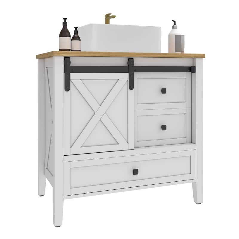 36" Farmhouse Bathroom Vanity Cabinet with Ceramic Sink Set - White