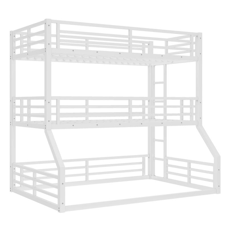 Twin over Twin over Full Bunk Bed, Metal Triple Bunk Bed with Safety Guardrails, Heavy-duty Bunk Bed with Noise-reduced Design
