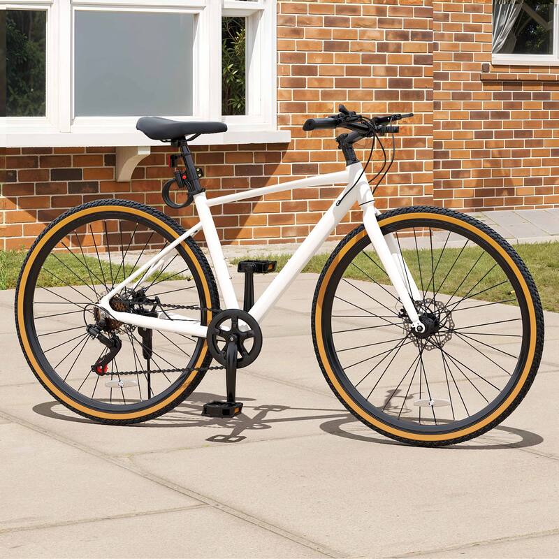 28" Road Bike Black 7 Speed Commuter Bike Lightweight Aluminum Frame Racing Bike with Disc Brake System