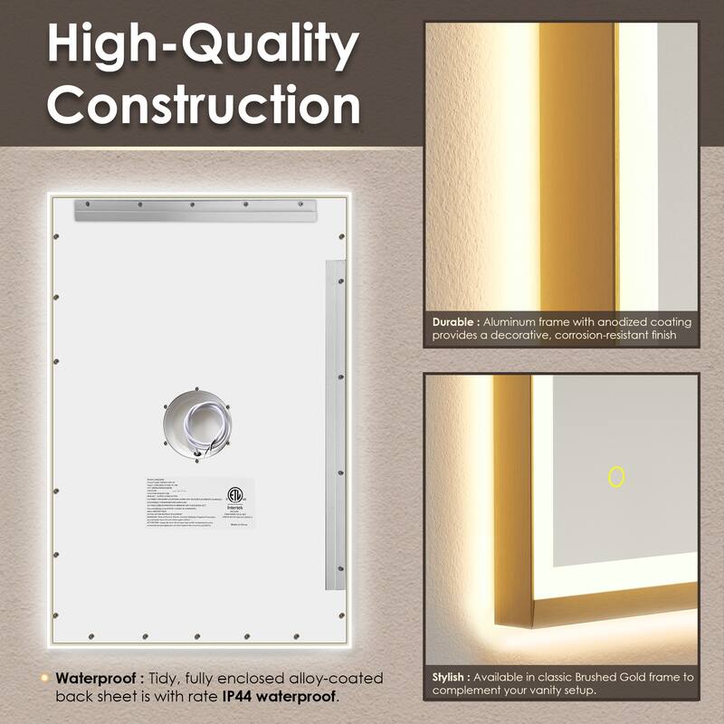 Apollo Rectangular Anti-Fog Dimmable Modern Bathroom/Vanity LED Lighted Wall Mirror in Brushed Gold Aluminum Framed