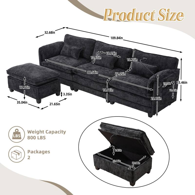 HOMEFUN Chenille Upholstered L-shaped Phone Holder Modular Sectional Sleeper Sofa with Movable Storage Ottoman