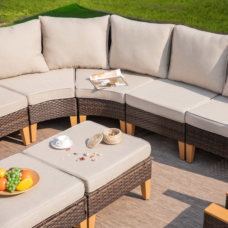 10 Piece Patio Wicker Rattan Furniture Set, Half-Moon Rattan Conversation sets with 2 X Swivel Chair Sofa and Firepit Table