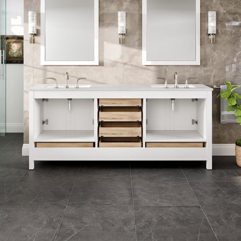 Eviva Aberdeen 78"W x 22"D White Double Sink Vanity with White Carrara Quartz Vanity Top and Rectangular Undermount Sinks