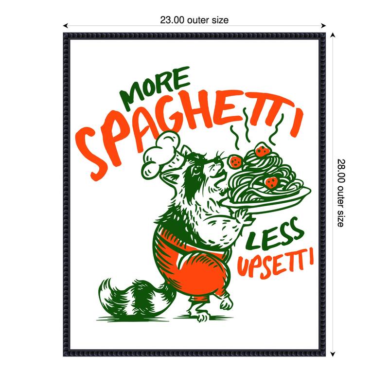 More Spaghetti Less Upsetti Raccoon with Pasta by The Whiskey Ginger Framed Canvas Wall Art Print - 23 x 28 in