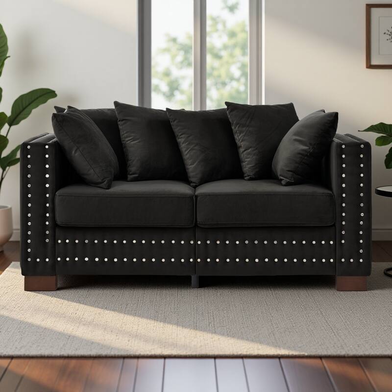60.5" Velvet Loveseat Sofa,Modern Square Arm Design with Nailhead Trim and Under-Seat Storage - Black