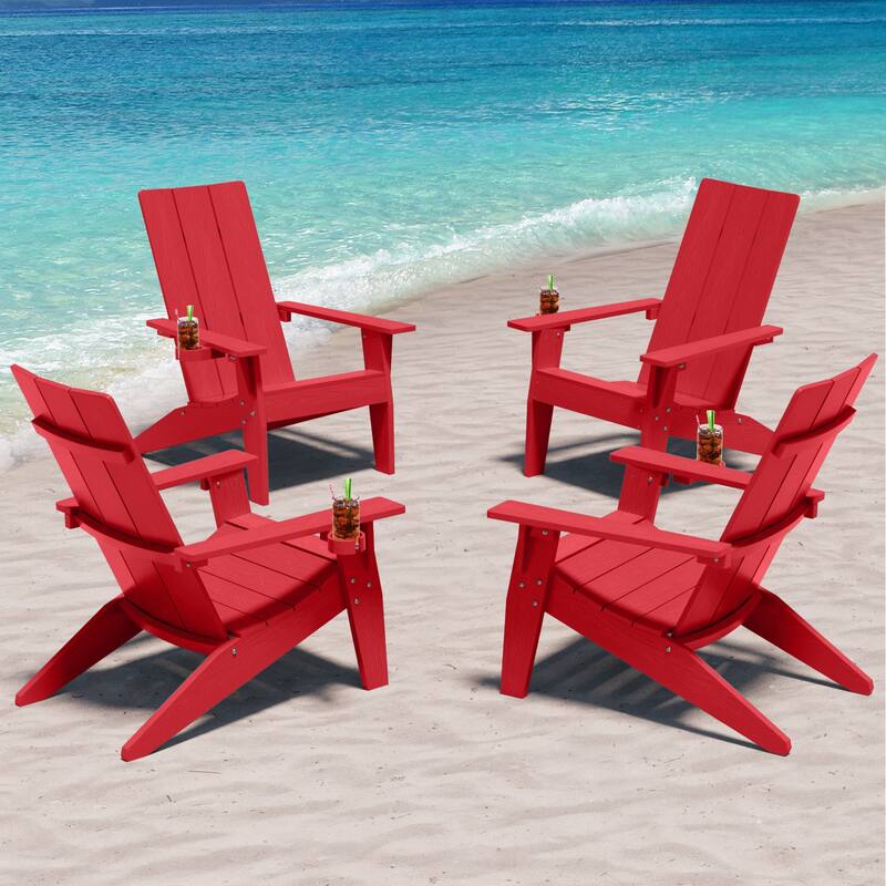 WINSOON All-Weather HIPS Outdoor Adirondack Chairs with Cup Holder Set Of 4 - Red