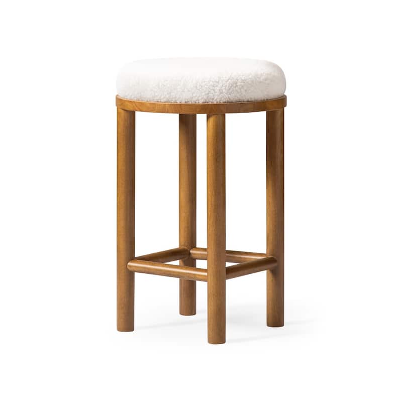 HomeRoots 27" White and Natural Boucle and Solid Wood Backless Counter Height Bar Chair