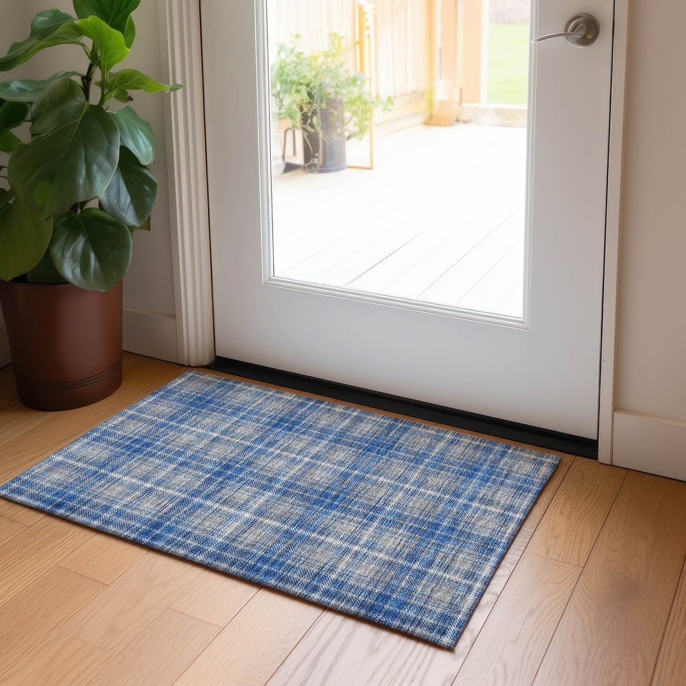 Machine Washable Indoor/ Outdoor Plaid Chantille Rug