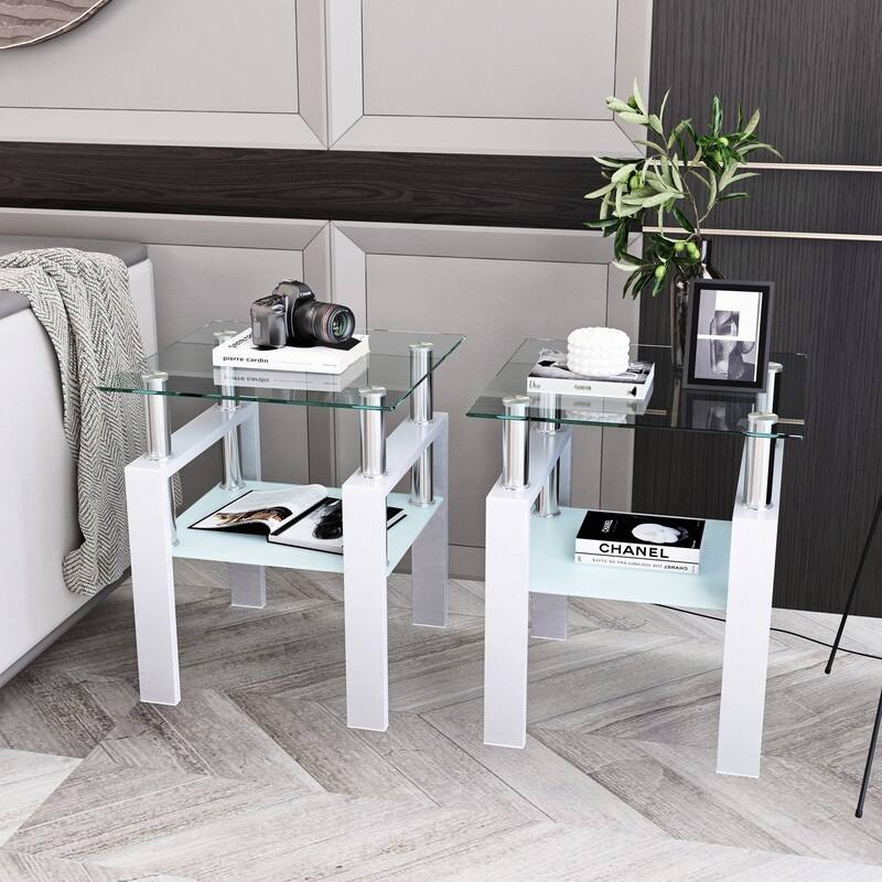 Set of 2, Modern Tempered Glass Tea Table Coffee Table End Table, Square Table for Living Room - White