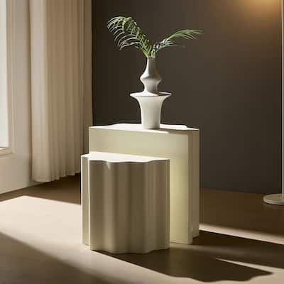 2PCS Set Side Table,Wavy Edges Design Fiberglass Coffee Table for Living Room,Bedroom,Modern Design End Table,No Need Assembly