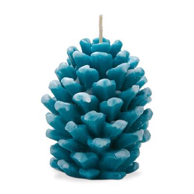 Frosted Pine Cone Turquoise Candle - Sculpted Paraffin Wax, 75 Hour Burn Time, 3.9" H x 2.4" D, Everyday Decor - Blue