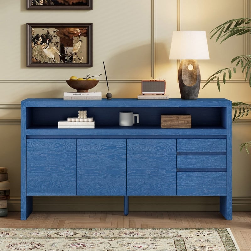 Modern 60" 3-Door Sideboard with 3 Drawers Solid Ash Veneer and Multi-Function Semi-Open Shelf