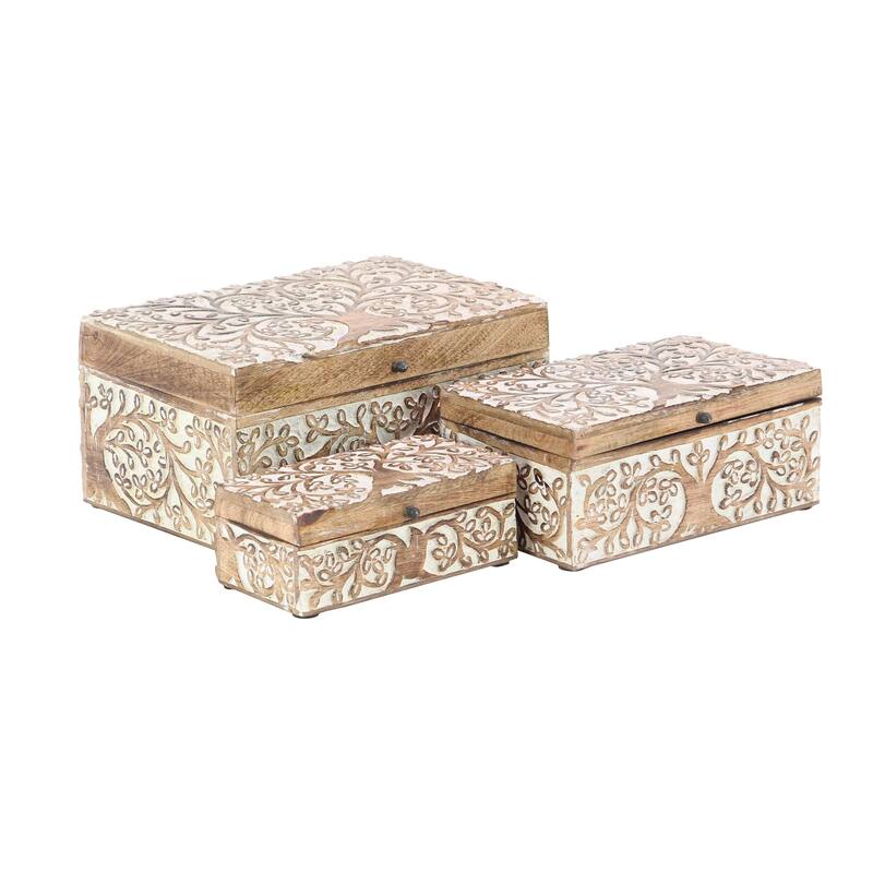Mango Wood Floral Handmade Decorative Box with Hinged Lid - Set of 3 Brown or White - Roche River Decor - 8", 10", 12"W - Brown - Tree and Branch Carvings