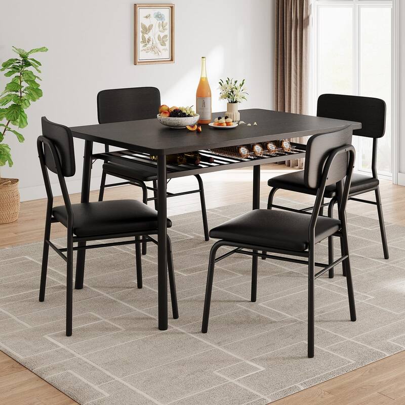 Dining Table Set for 4 with Storage Rack, 5-Piece Kitchen Table and Upholstered Chairs of 4, Tabletop & Heavy-Duty - Black