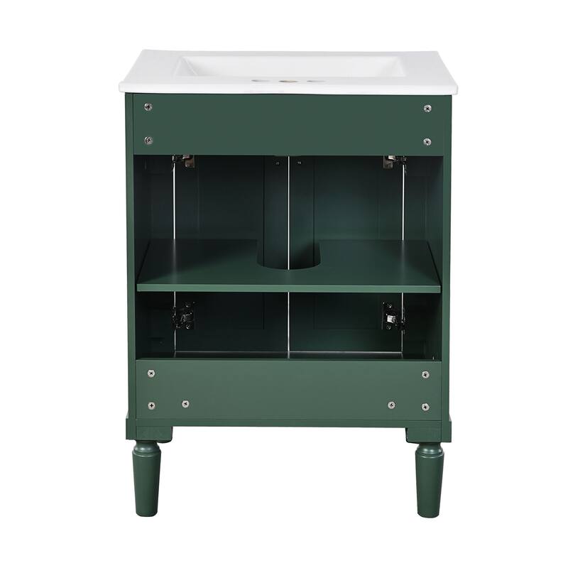 24 Inch Bathroom Vanity with Ceramic Top Sink, Freestanding Single Sink Vanity with Storage Shelves, Modern Style