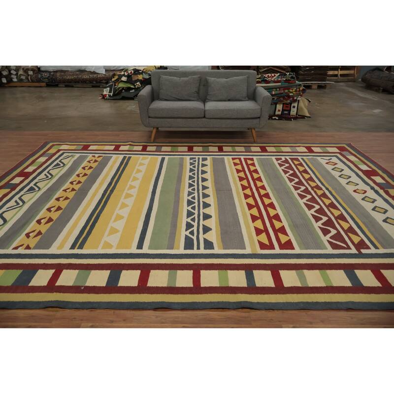 Hand Woven Oriental 100% Wool Carpet Southwestern Modern Multi-Colored Kilim Area Rug - 13' 0'' X 9' 6''