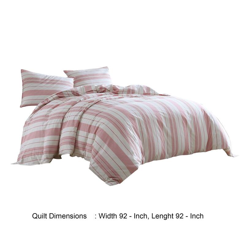 3 Piece Queen Comforter Set with Vertical Stripes Pattern, White and Pink
