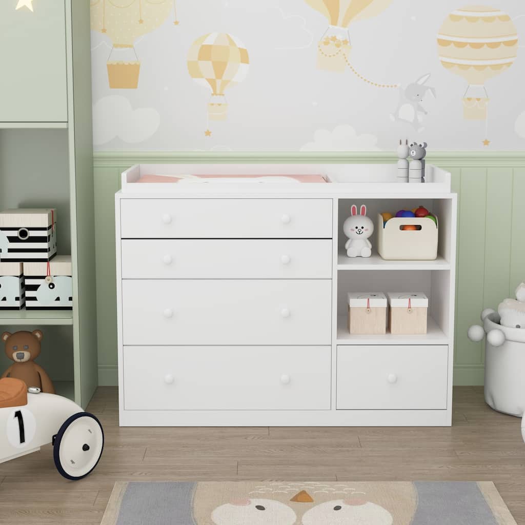 Premium White 5-Drawer Dresser with Baby Changing Table by Kerrogee - 47.2"L